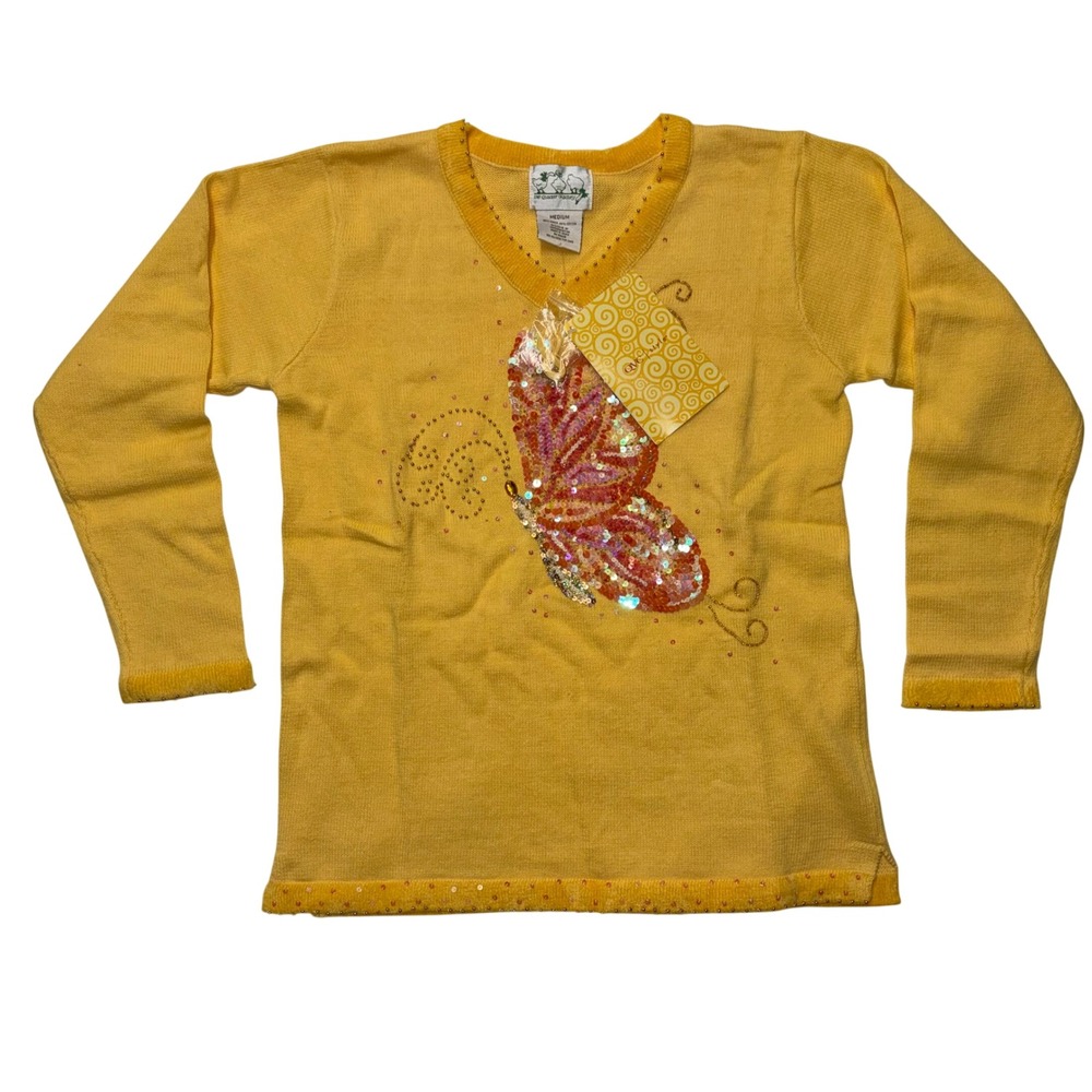 Quacker Factory Yellow Sequin Butterfly V-Neck Sweater Medium NWT A59442